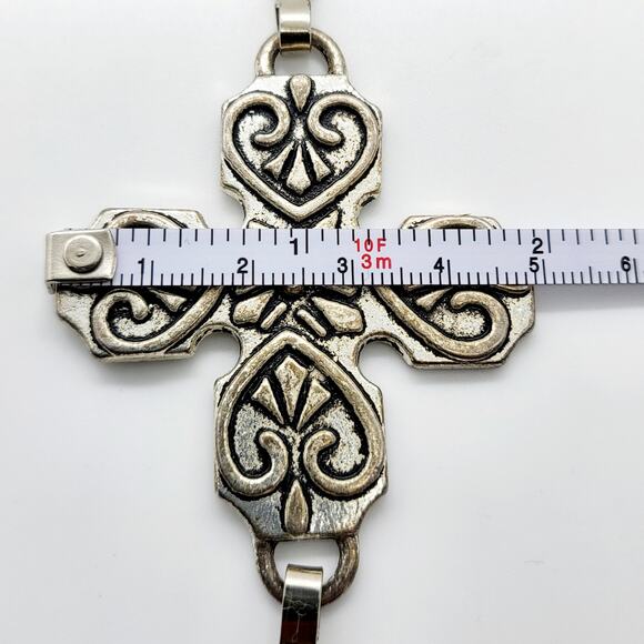 Silver Toned Heavyweight Cross Plate Engraved Medieval Chain-link Scrap Jewelry - Picture 6 of 7